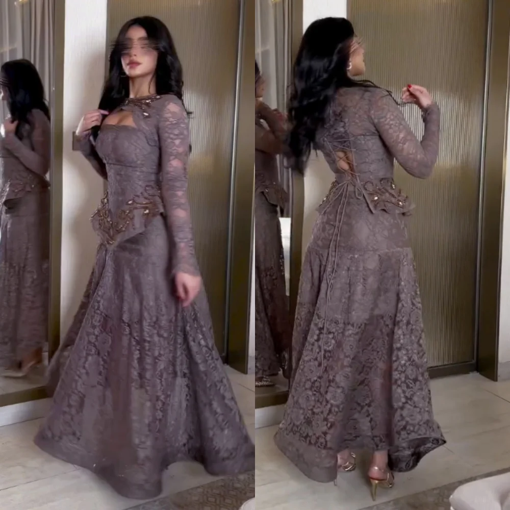 

Customized Classic Evening Dress Glitter Lace Long Sleeves A-line Prom Long Dresses Bespoke Occasion Elegant Party Gown Formal