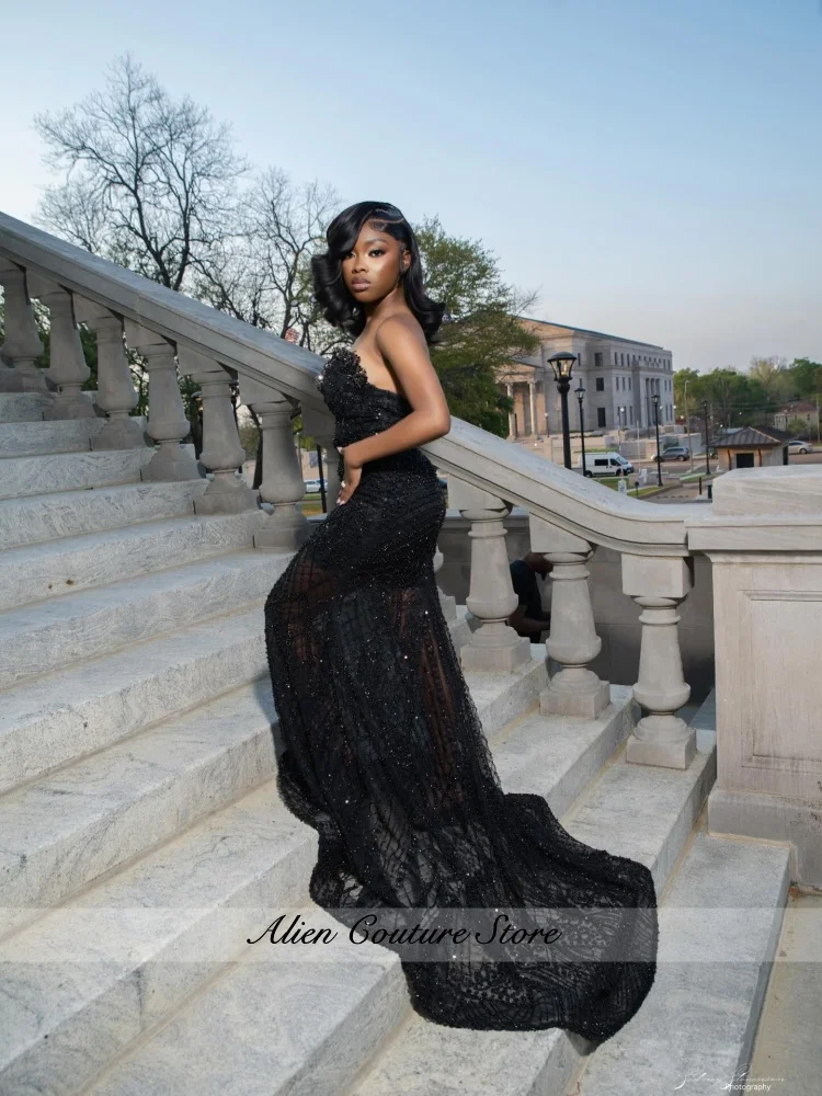

Black Beading Formal Prom Dress Diamonds Mermaid Hem Figure-flattering for Wedding Guest Birthday Party Customized