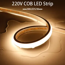 COB LED 스트립 조명, 부드러운 유연한 테이프, IP67 방수, 정원 조명 장식용 EU 전원 플러그 포함, 50m 288LED/M, AC220V