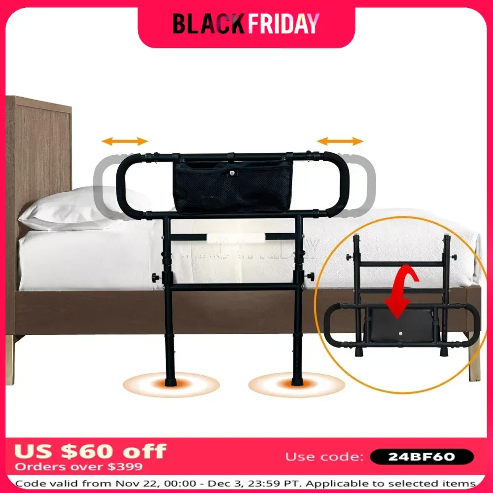 Adjustable Bed Rails for Elderly Adults Safety with Motion Light,Foldable Heavy Duty Bed Rail with Extended Grab Bar,Pouch Bag