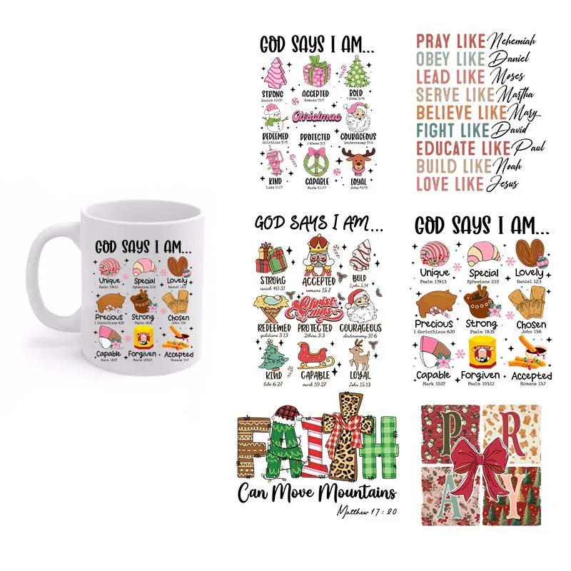 

6Pcs Christmas UV DTF 3D Christ Series Sticker Faith Pary Wraps Cup Mug Glass Cup Durable Waterproof Transfer Sticker