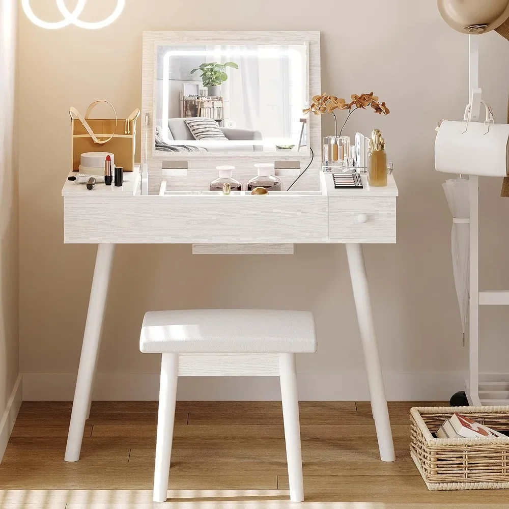 

Vanity Desk Set with LED Lighted Mirror & Power Outlet, Flip Top Makeup Vanity Table with Drawers & Cabinet,for Bedroom