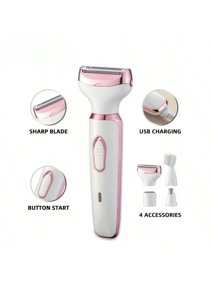 

4-in-1 Rechargeable Electric Lady Shaver Set - 500mAh Portable Wet/Dry Trimmer for Face, Nose, Legs & Underarms