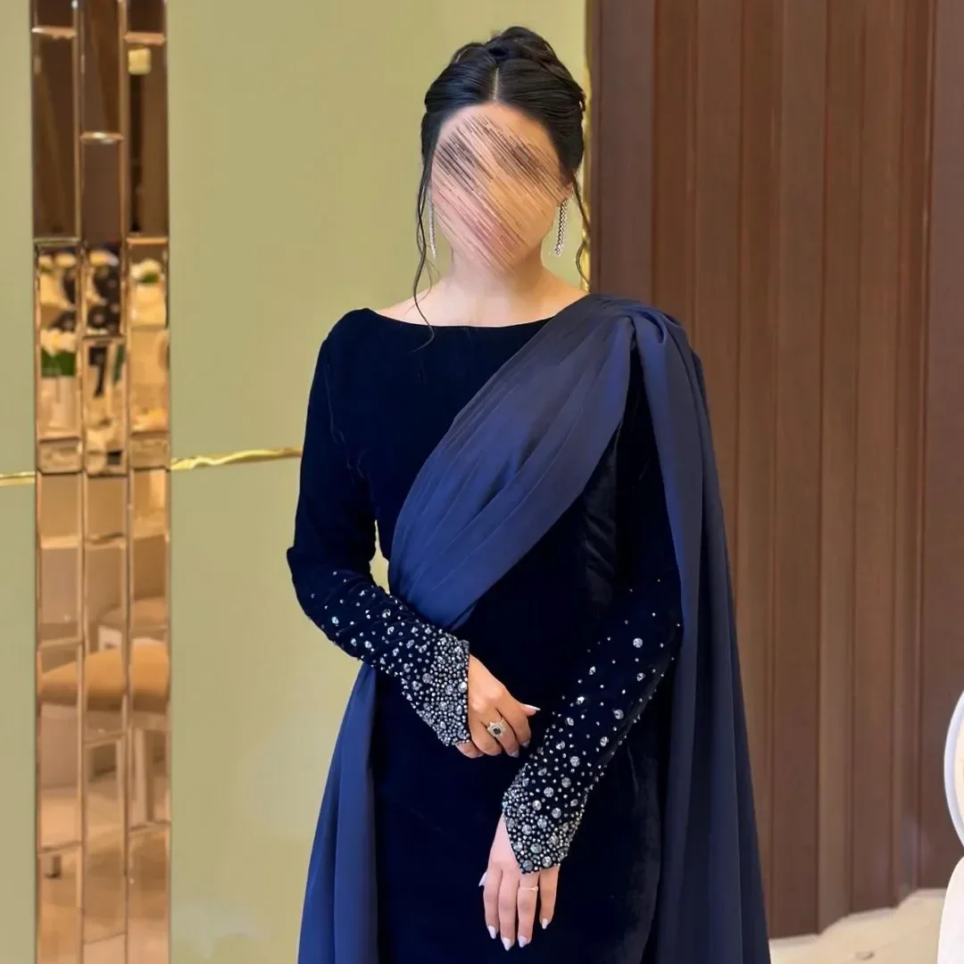 Customized Exquisite Arabic Dubai Prom Dresses Navy Blue Mermaid Evening Gown Beadings Long Sleeve Womens Formal Prom Dress 2024