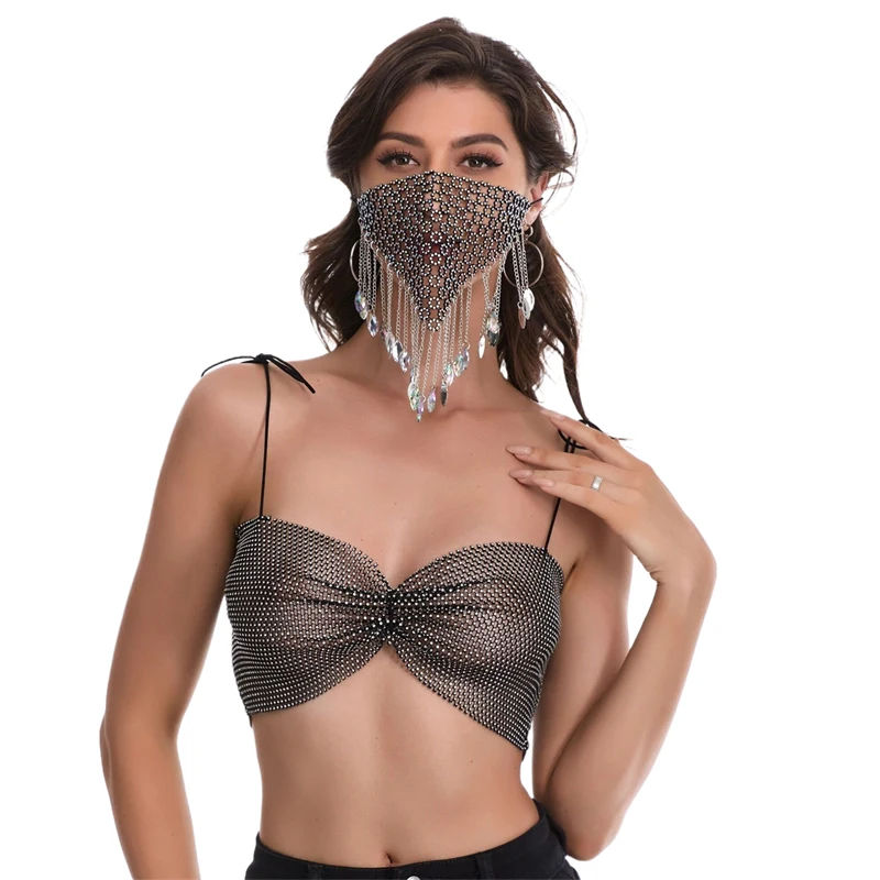 Shiny Crystal Fishnet Rhinestone Cami Top Women Tie‑Up Spaghetti Strap Ruched Hollow Crop Top Night Club Rave Going‑Out Tops – Detail 2