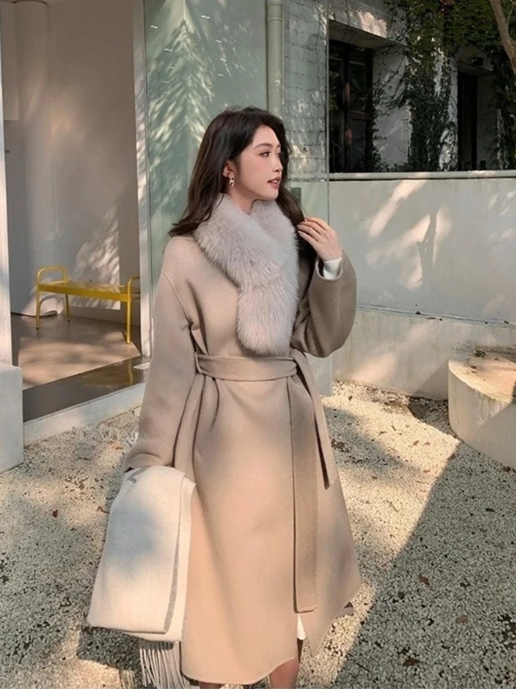 2025년 신상 가을 겨울 여성 의류 롱 리얼 폭스 퍼 칼라 울 재킷 여성 패션 따뜻한 벨트 솔리드 캐시미어 울 코트