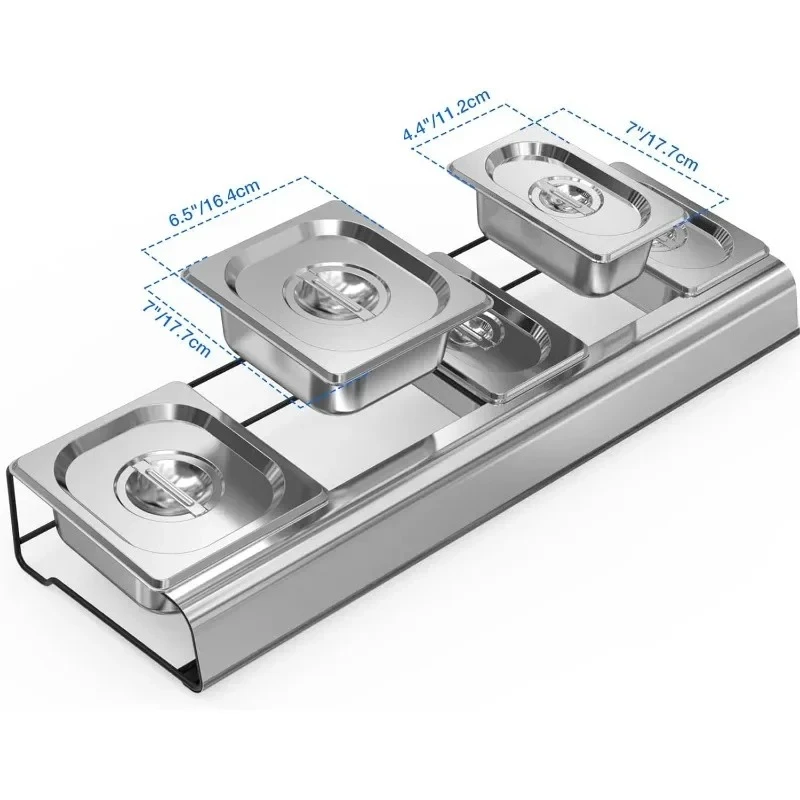 Topping Station Stainless  5 Compartment Trays for Prepping Ingredients and Toppings Steel Seasoning Containers with Lid,
