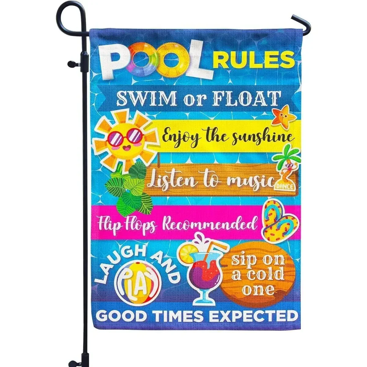 12x18in Pool Rules Garden Flag, Double-Sided Summer Swimming Pool Decor, Funny Beach-Themed Outdoor Banner with Sun, Cocktail, Flip Flops for Backyard Patio