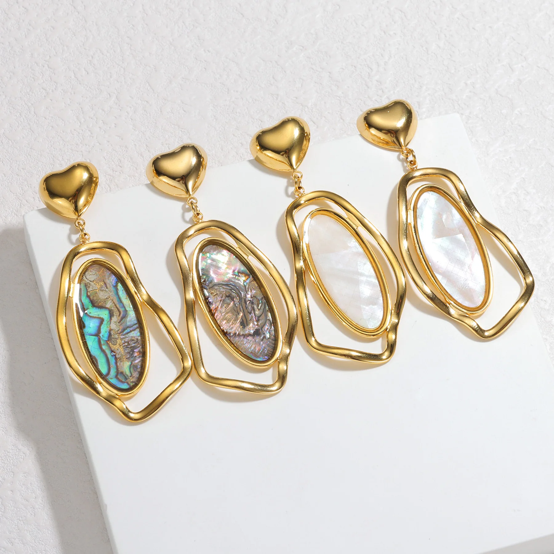 Nuevos pendientes geométricos irregulares de acero inoxidable chapados en oro, elegantes y encantadores, joyería de concha de abulón de alta calidad, regalos para mujer