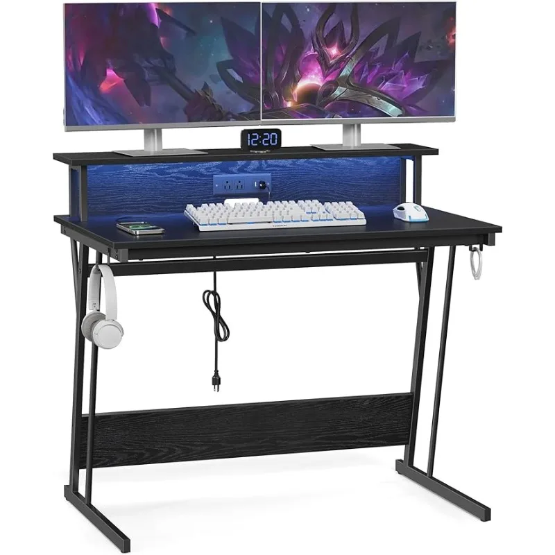 LED Gaming Desk with Power Outlets, Computer Desk with USB Ports, Office Desk with Monitor Stand for 2 Monitors, with Hooks