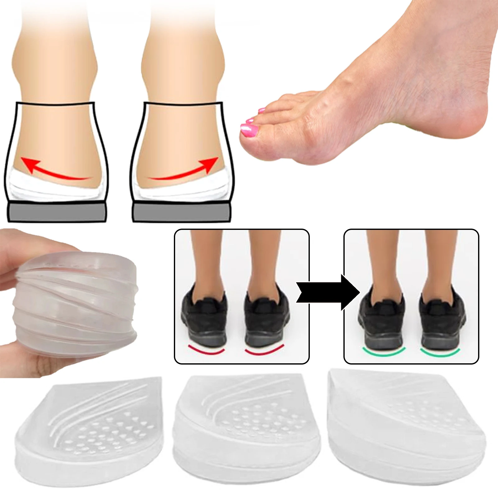 1 pair Multi Silicone Layers Heel Wedges Corrective Inserts Multifunctional Cushion Arch Support Insert for Unisex