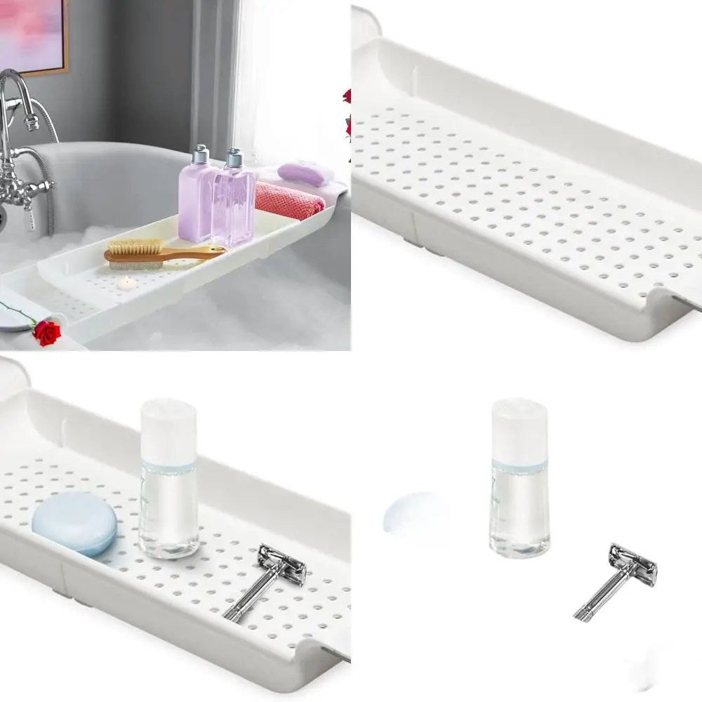 

White Plastic Bath Caddy with Expandable Tray for Shower and Bath, Multifunctional Bathroom Organizer