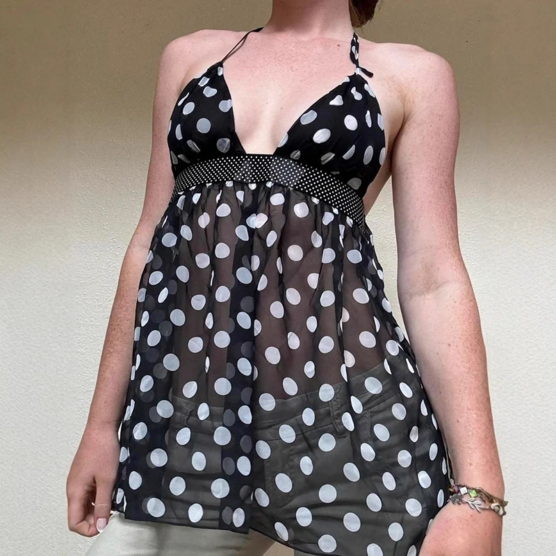 

Tuularose Sexy V-neck Tank Top Female Retro Polka Dot Print Halter Tanks Fashionable Backless Sleeveless See Through Top Women