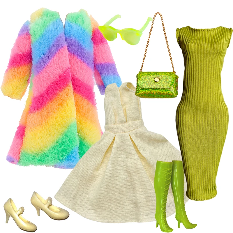 Buyeedoll roupas de pele vestido bolsa sapatos pacote roupa para 12 polegada moda boneca longo pele chita casaco conjunto para 1/6 boneca roupas diy