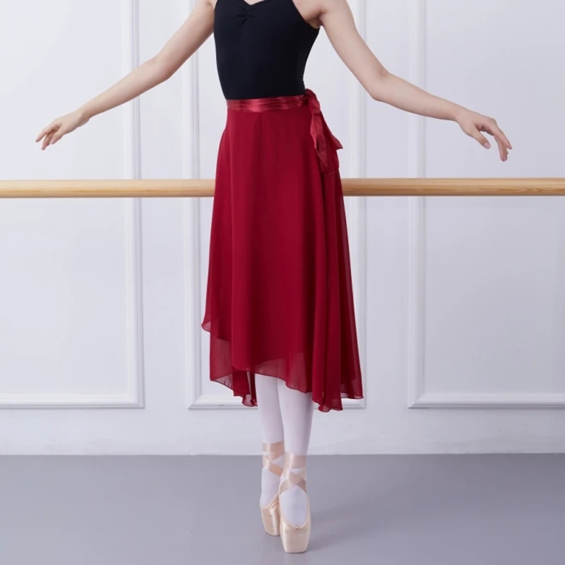 Adults Women Ballet Dance Skirts Long Chiffon Dance Skirts Lyrical Soft Ballet Dress Black Burgundy Dance Costumes Yoga Skirt