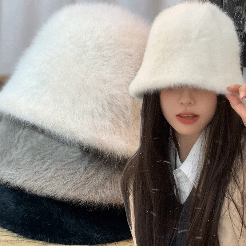 Winter Rabbit Plush Fisherman Hats Solid Color Girl Fashion Bucket Hat Warm Windproof Cold-proof Wide Brim Lady Women Artist Cap