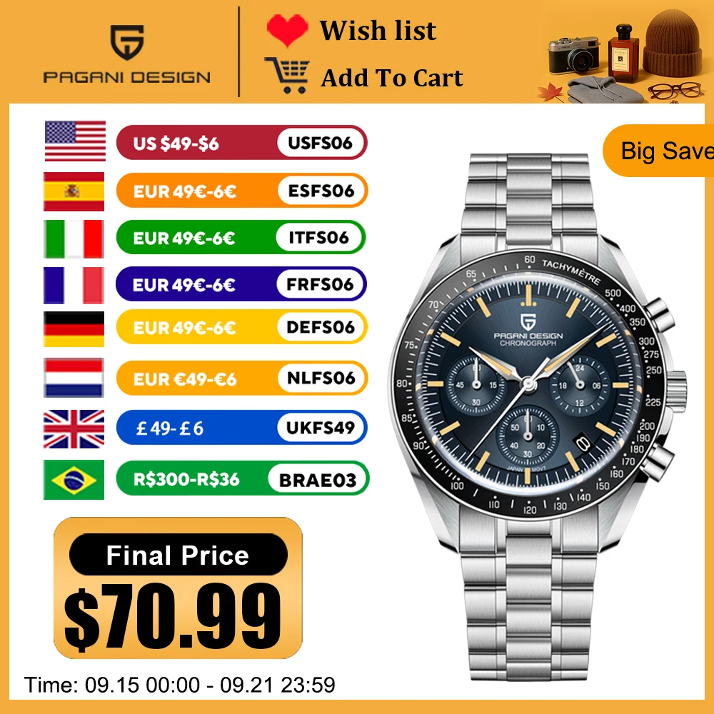 

PAGANI DESIGN 2025 New Moon Men's Watches Luxury Quartz Watch For Men VK63 Chronograph AR Sapphire Mirror Ceramic Bezel Luminous