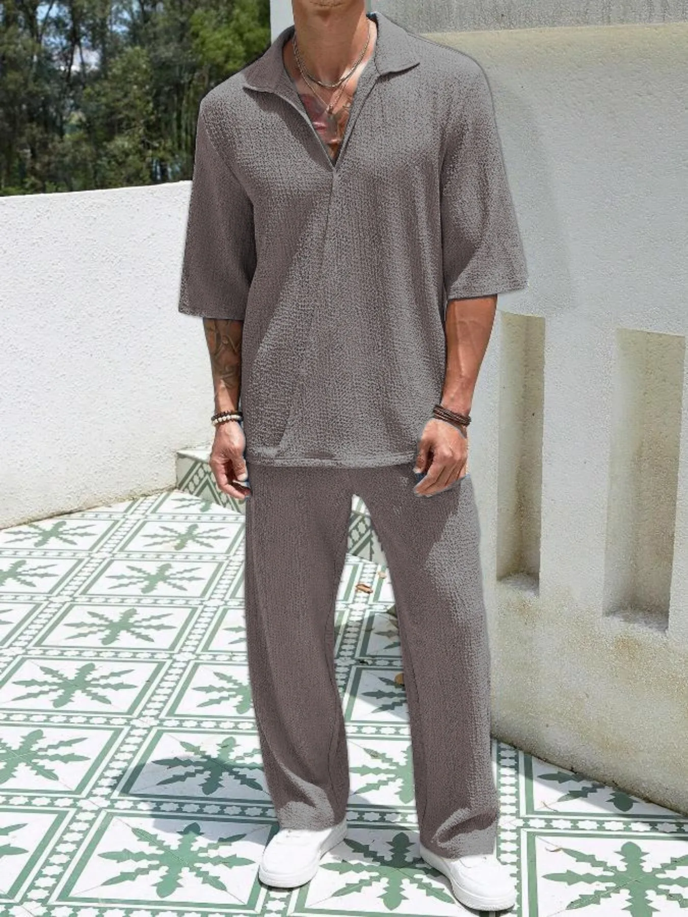 Fotografia 4: Conjunto Casual de Moda Masculina de Verão com Camiseta de Manga Curta e Calças Longas