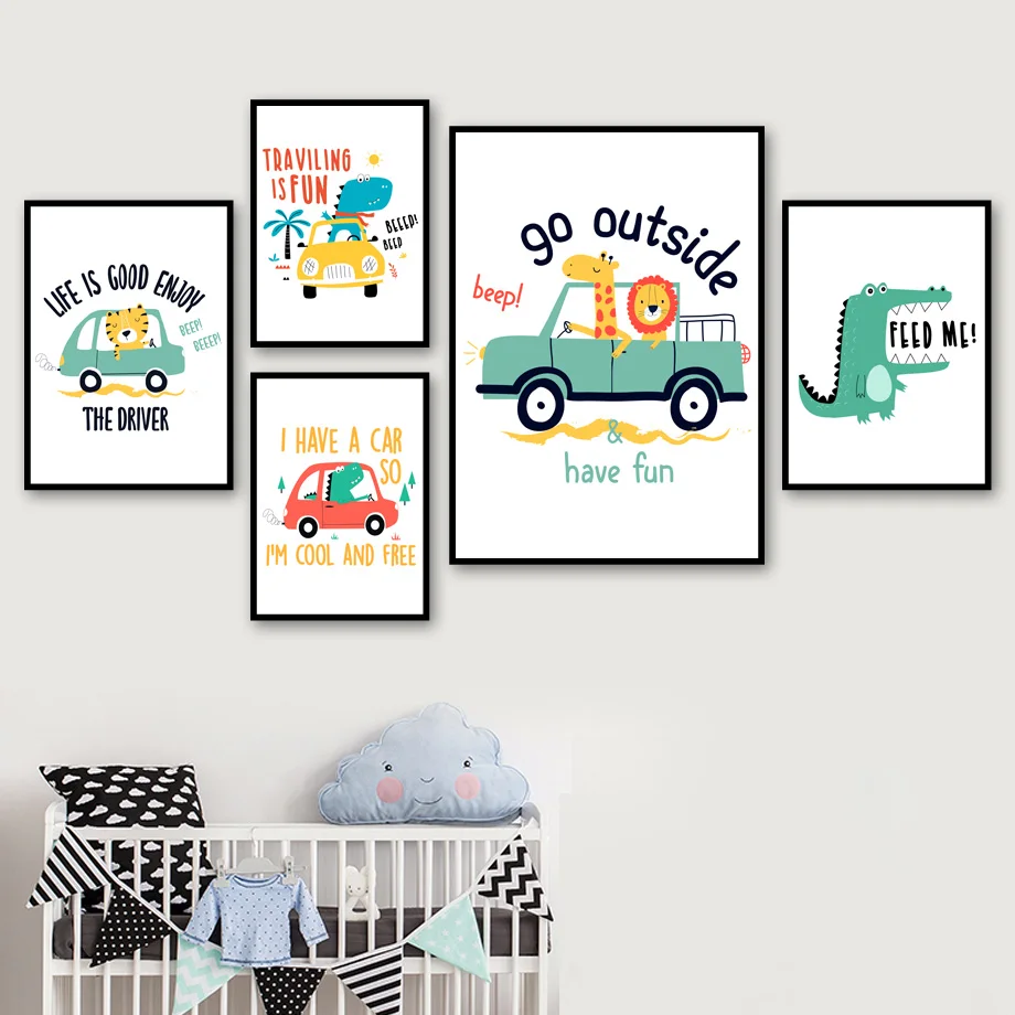 

Cartoon Dinosaur Lion Tiger Car Travel Nursery Wall Art Canvas Painting Nordic Posters And Prints Decor Pictures Baby Kids Room