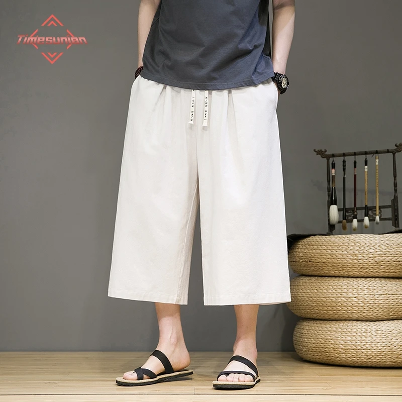 

Summer Pants Men Chinese Style Cotton Linen Harem Pants Mens Retro Streetwear Beach Shorts Male Casual Wide Leg Pants