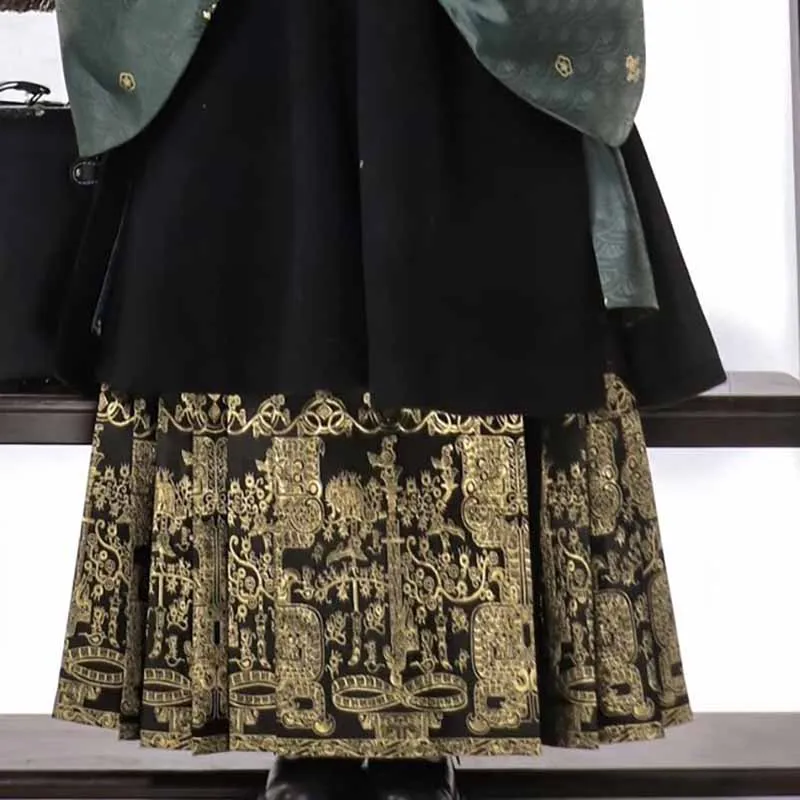 Inverno plus size 8xl hanfu feminino antigo chinês vintage dinastia ming preto engrossado casaco longo ouro cavalo rosto saia 3 pçs ternos