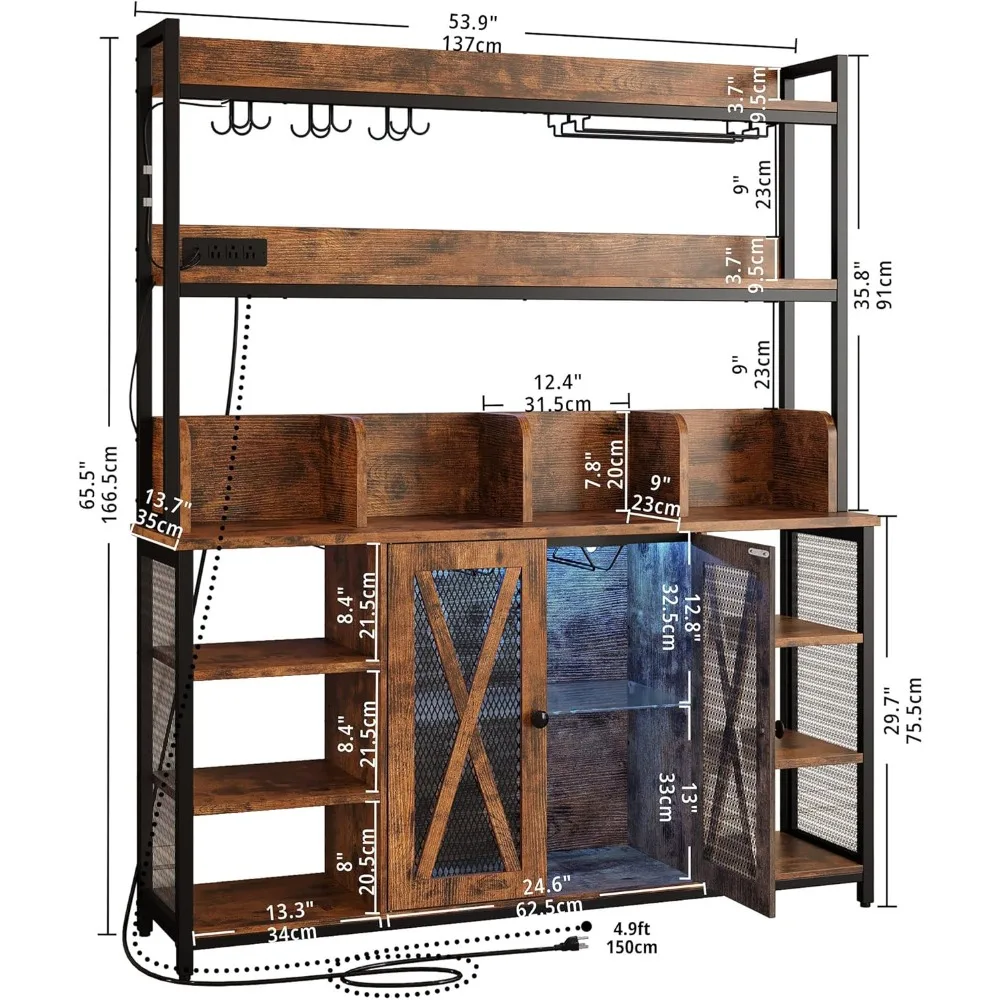 Industrial-Style Buffet Cabinet with LED Lighting and Glass Holder, 3-Tier Liquor Storage Cabinet with Power Outlet