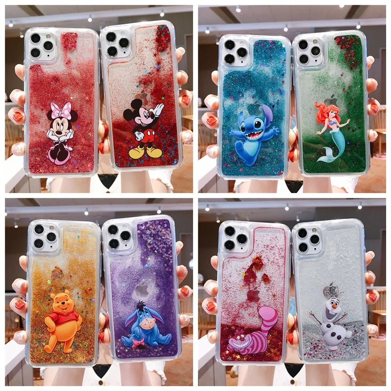 Disney Pink Cartoon Mickey Minnie Stitch Quicksand Case for iPhone 15Pro Max 14 13 12 16Pro Mermaids Glitter Bling Water Cover