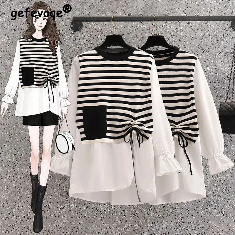 Women\'s Striped Patchwork Oversized Y2K Blouse Autumn Korean Fashion Asymmetrical Design Harajuku Shirts Long Sleeve Tops Blusas