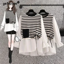 Women's Striped Patchwork Oversized Y2K Blouse Autumn Korean Fashion Asymmetrical Design Harajuku Shirts Long Sleeve Tops Blusas