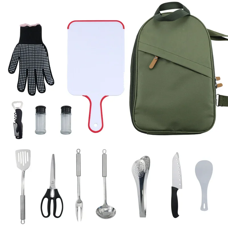 12pcs Camping Kitchen Utensil Set with Carrying Bag BBQ Beach Hiking Travel Organizer Storage Pack Cook Gadgets Equipment Gear