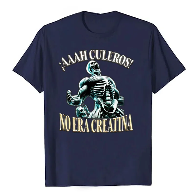 AAAH CULEROS ESO NO ERA CREATINA Funny Skeleton Gym T-Shirt Humorous Skull Print Graphic Tee Fitness Exercise Halloween Costume