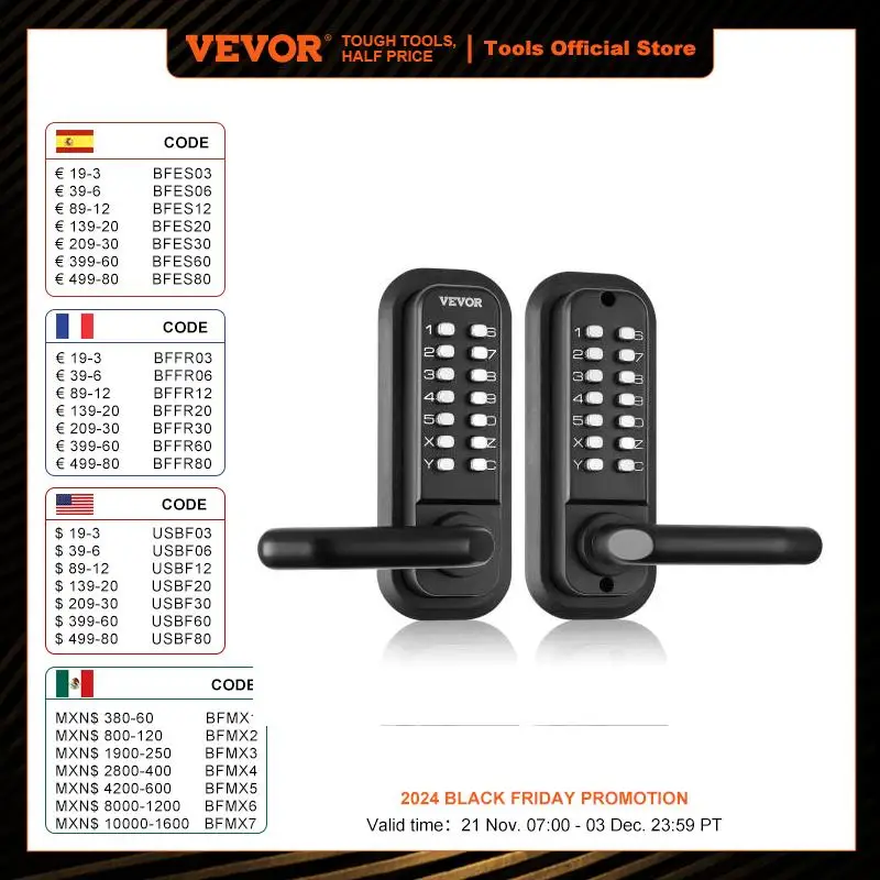 VEVOR Mechanical Keyless Entry Door Lock Single/Double -Sided 14 Digit Keypad and Handle Embedded