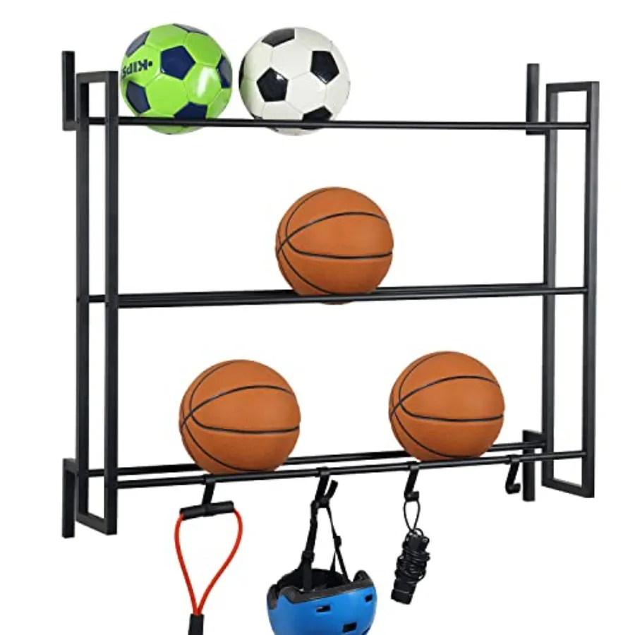 

Wall Mounted 3 Tier Gym Exercise Equipment Storage Organizer Shelf with 4 S-Hooks for Basketball Football Volleyball in Black S