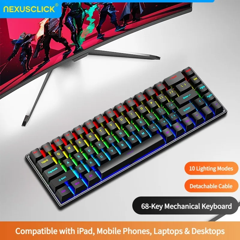 NexusClick K68 Red Switch Wired Mechanical Keyboard,RGB Backlit Ergonomic 6°Tilt Gaming Keyboard Plug and Play for Laptop Gamer