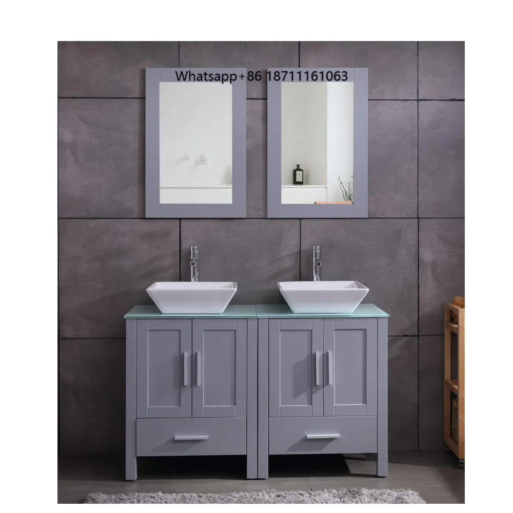 48 Inch Double Sink Bathroom Vanity Cabinet Combo Glass Top Grey Paint MDF Wood W/Faucet, Mirror&Drain Set