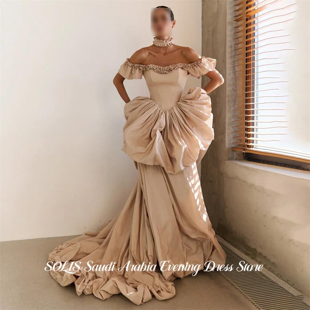 SOLIS Nude Off Shoulder Ruffled Sweetheart Prom Gown Corset Choker Satin Evening Dress Elegant Party Dress With Train Customized