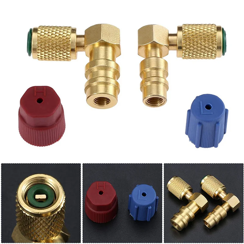 AB45 2X R12 - R134a ハイ/ローACフィッティングポート改造変換アダプター、クイックカプラーバルブA/C 90度フィッティング