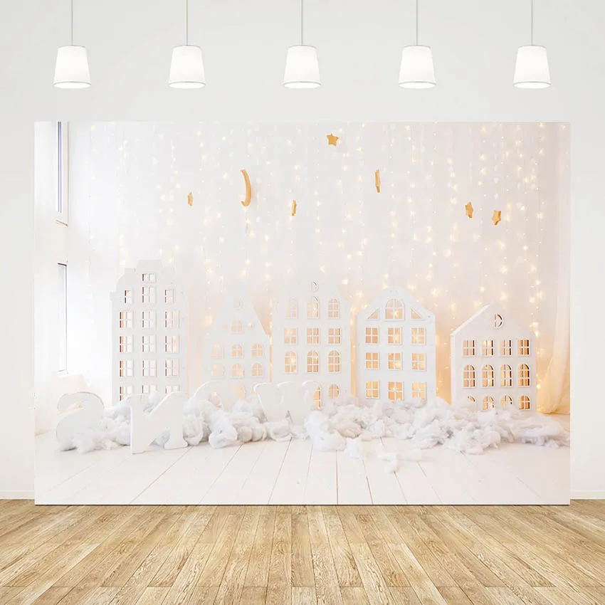 Mehofond Photography Backdrop Interior Christmas Child Holiday Portrait White Cloud Star Moon Decor Background Studio Photobooth