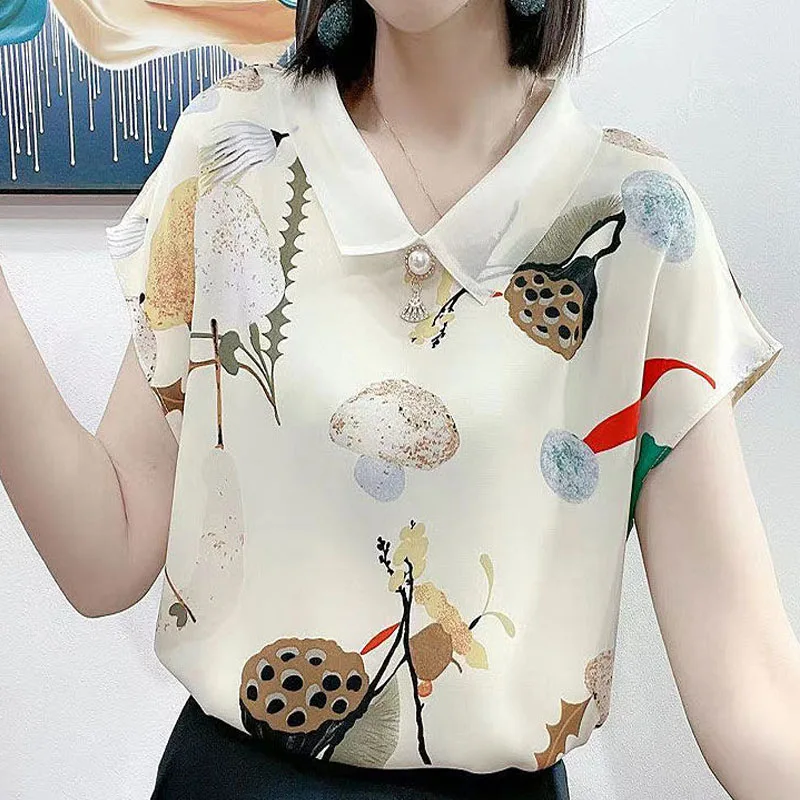 2023 Summer Casual Ladies Short Sleeve Printing Blouses Fashion Beading Peter Pan Collar Pullovers Loose Chiffon Shirt for Women