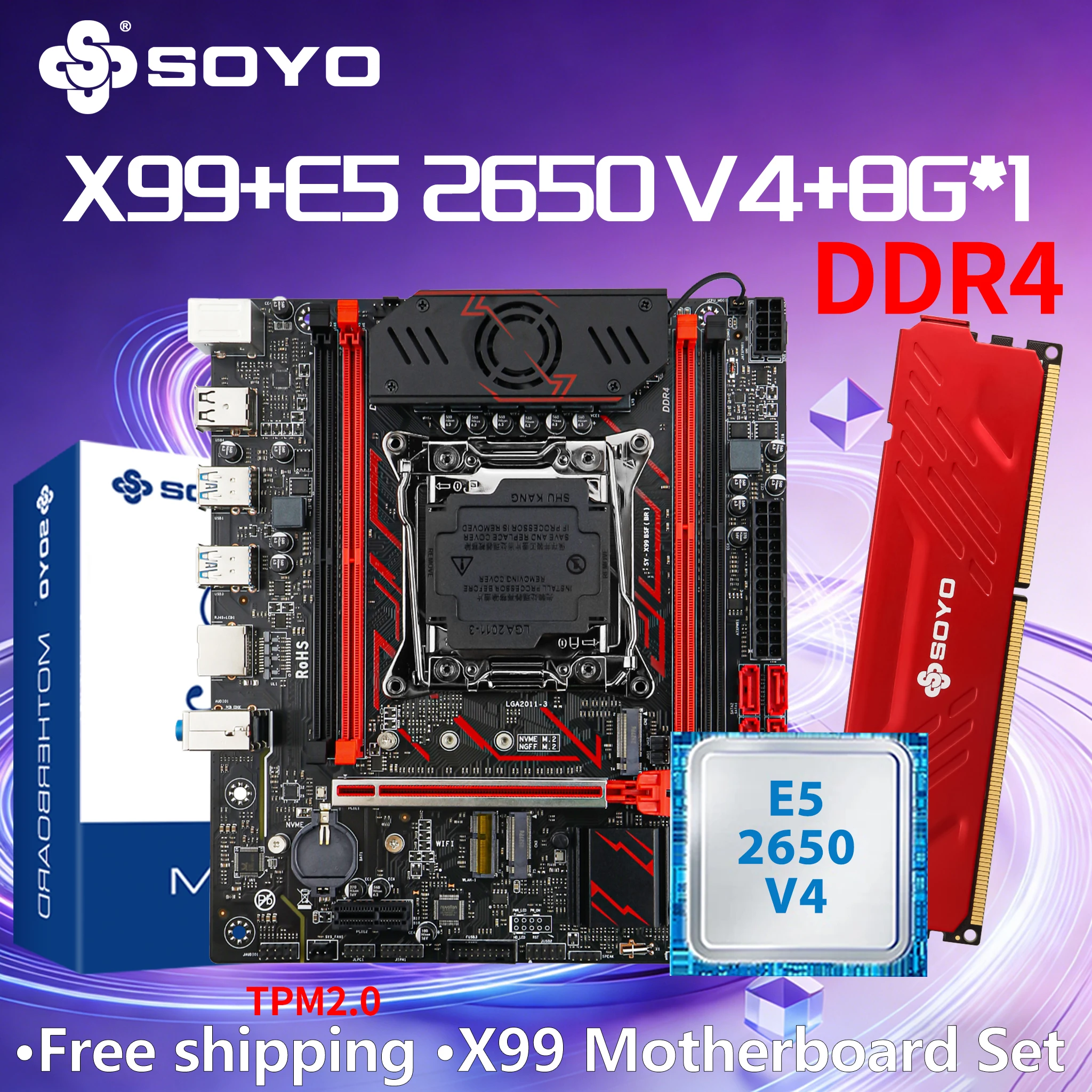

Gaming Motherboard Set SOYO X99 BSF C612 with RAM 8G*1 Intel Kit Xeon E5 2650 V4 CPU DDR4 Computer components Blacke red TPM2.0