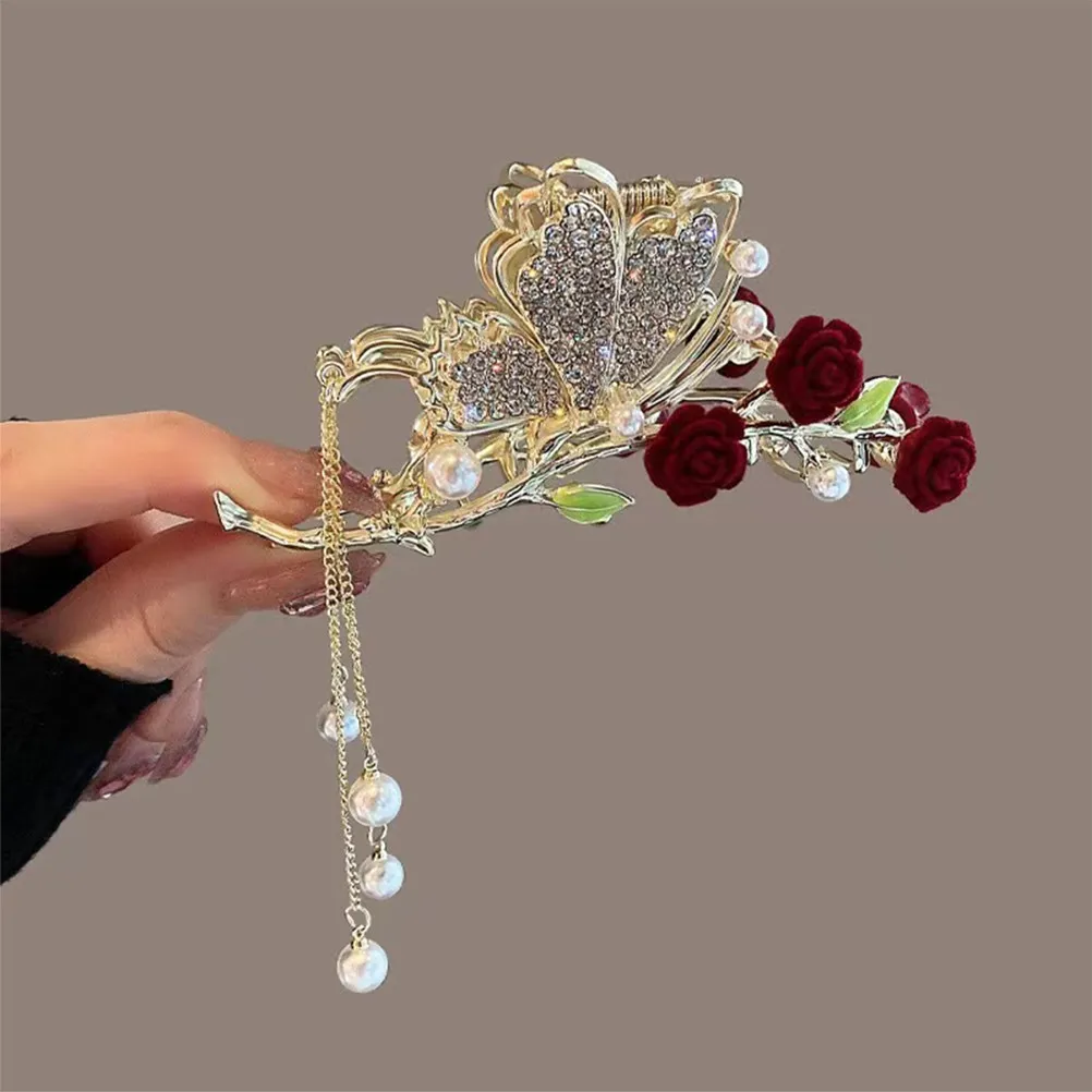 

Rose Flower Hair Claw Clip Pearl Rhinestone Butterfly Elegant Hair Clamp Holder for Birthday Wedding Travel Office