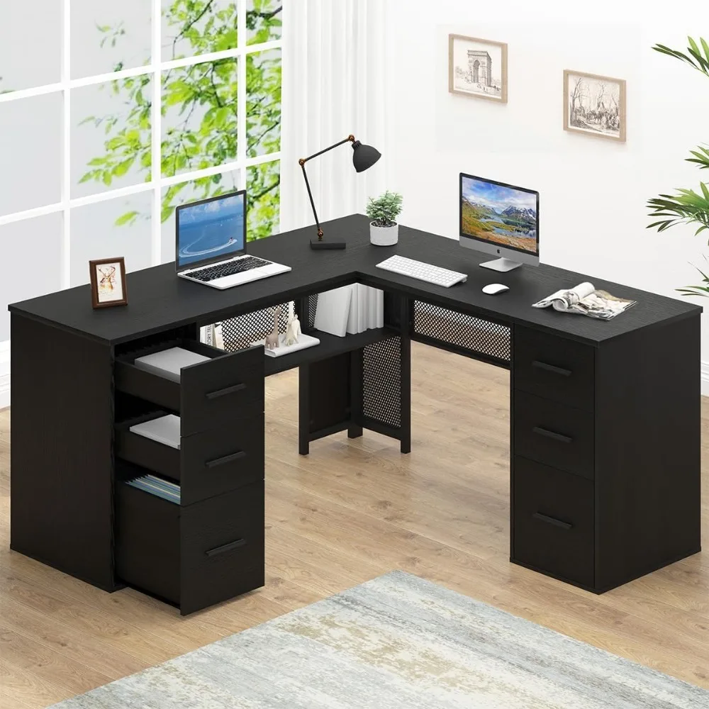 

Black L Shaped Desk with File Drawers Shelves, Reversible Corner Metal Wood Computer Desk with Storage Cabinet, Modern Large Ex