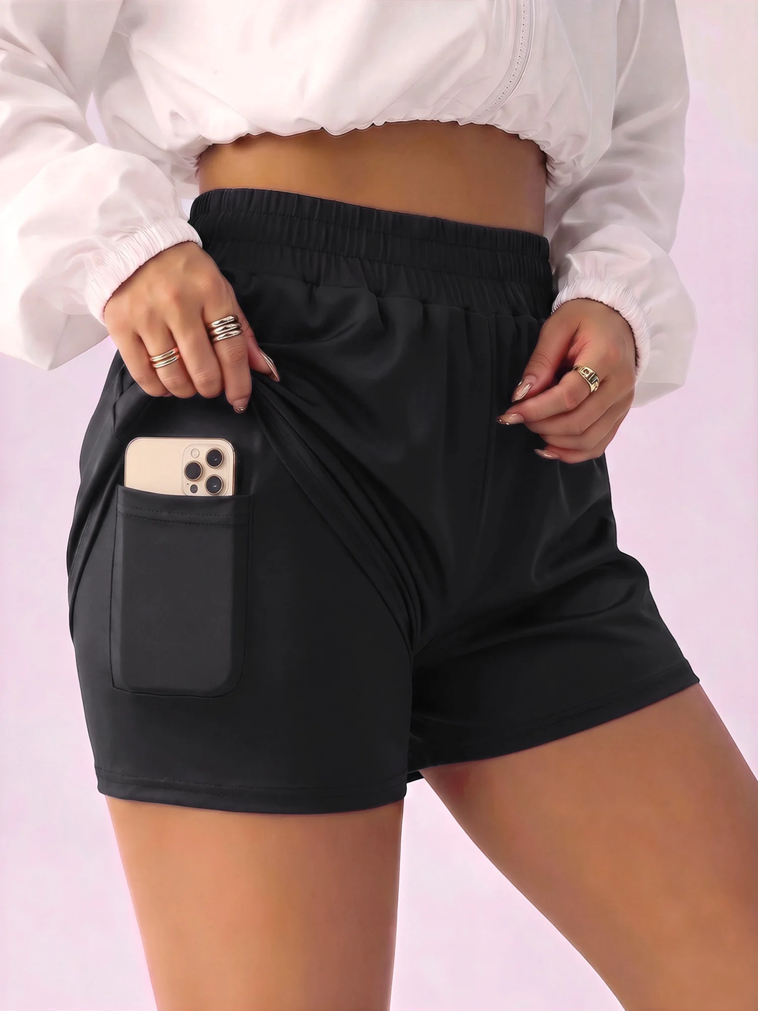 Women Elastic High Waist Solid Black Casual Shorts, Single Side Mobile Phone Pocket For Summer Street Wear