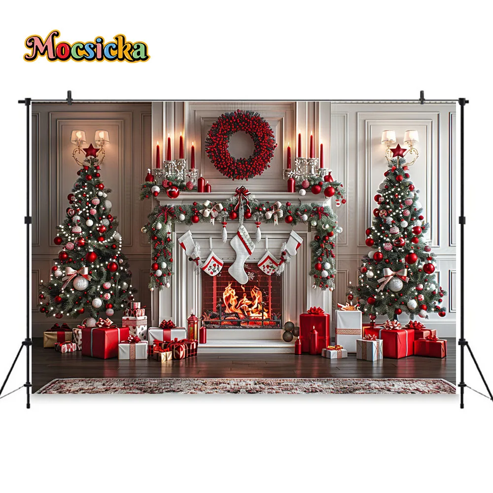 White Fireplace Photography Backdrop Christmas Red Garland Xmas Tree Candles Background Winter Retro Room Family Photo Studio