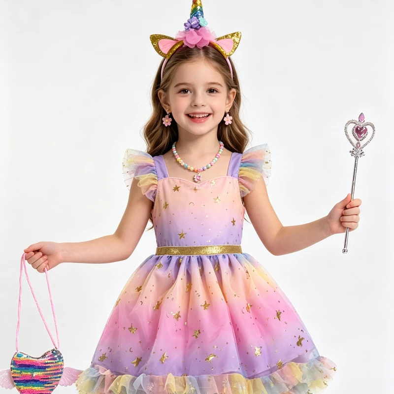 Shimmer Gradient Fantasy Tutu Role Play Kit Girls Ruffled Mesh Skirt Glitter Unicorn Headband Heart Wand Full Jewelry Outfit