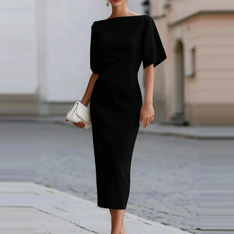 Fashion O-neck Short Sleeve Wrap Hip Dress Elegant Temperament Solid Color Party Dress 2026 Women Casual Draped Slim Long Dress