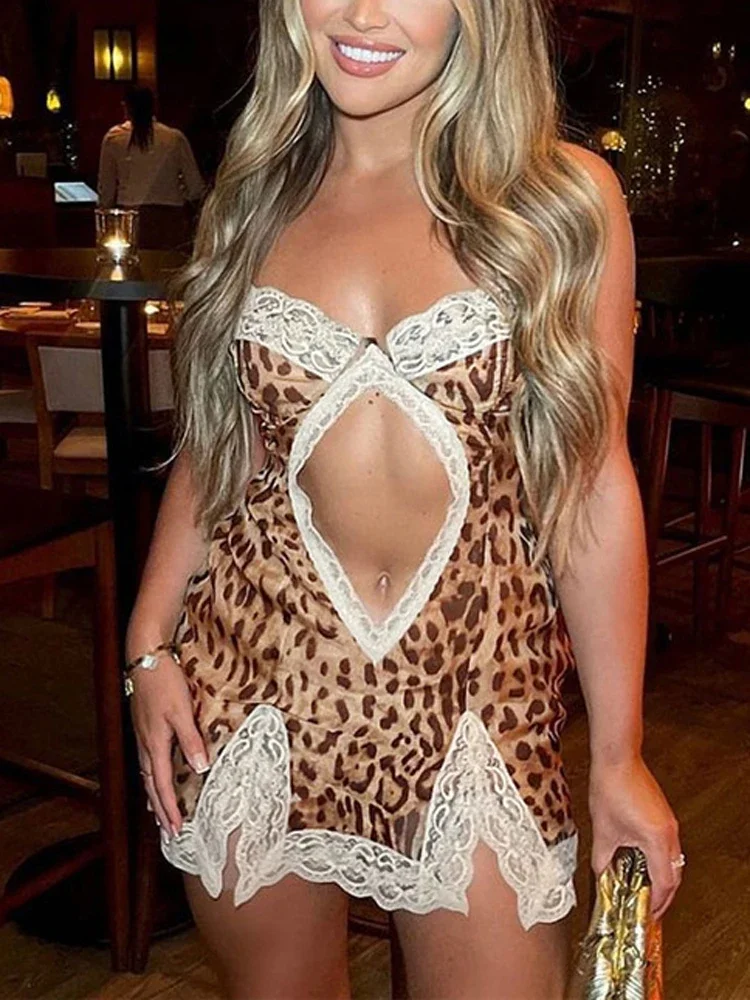 

Leopard Print Backless Slit Mini Dress Women's Sexy Hollow Lace Printed Suspender Slim Sleeveless V-Neck Party Mini Dress