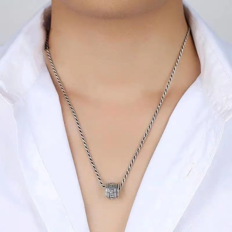Retro Tibetan Silver Necklace Six-Character Mantra Transfer Beads Pendant Authentic Vintage Jewelry