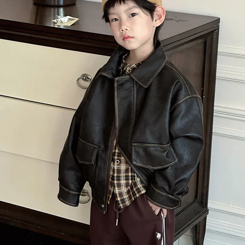 Vintage Leather for Kids Boys Coat Autumn Winter Street Handsome Warm Kids Leather Jacket Fashion Waterproof Children Outwear