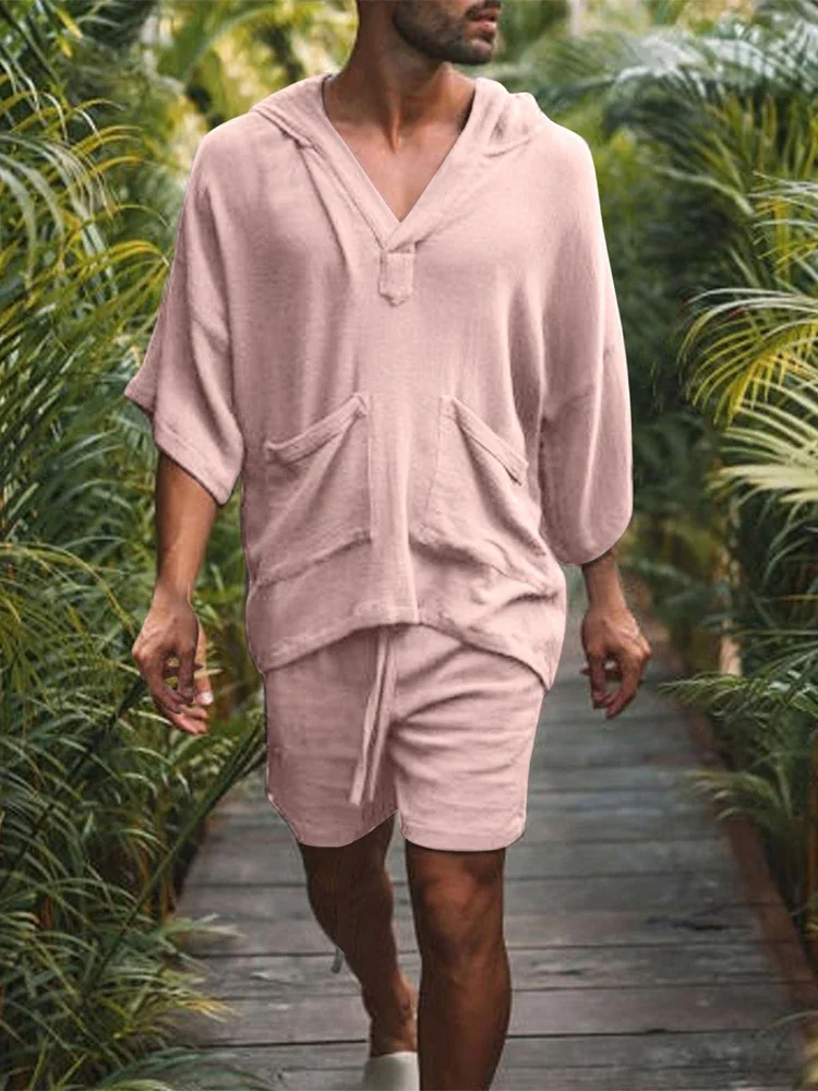 2026 Sommer Herren Einfarbiges Baumwoll-Leinen Zweiteiler-Set V-Ausschnitt Halbarm T-Shirt Lockere Shorts Atmungsaktiv Urlaub Alltag Lässig Passend – Detail 3